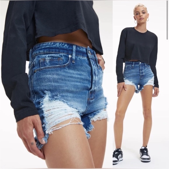 Good American - The Bombshell Denim Distressed Shorts NWT - Picture 1 of 9
